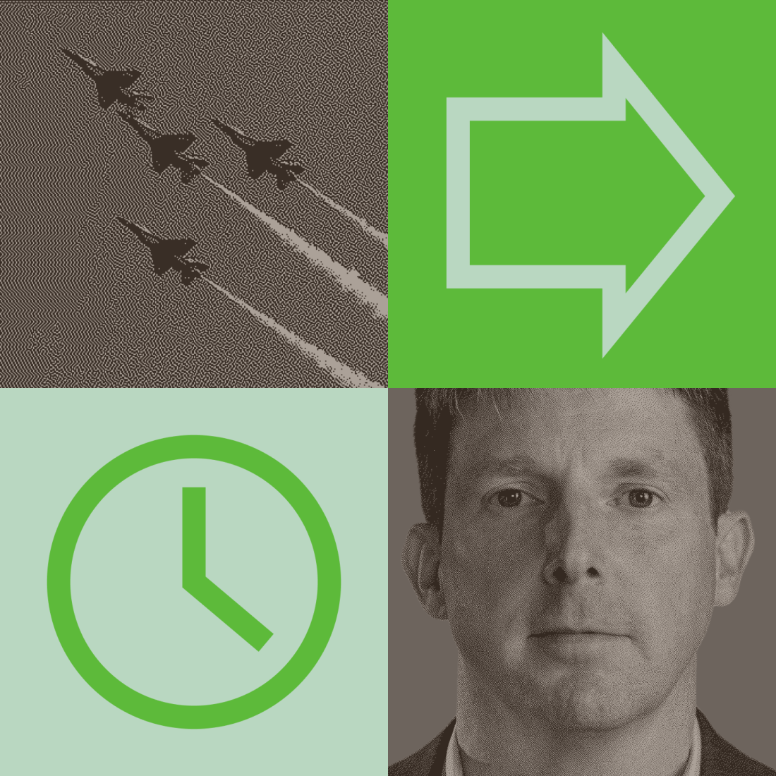 A quadrant image showing three jets in flight, a right arrow symbol, a clock icon, and a man’s face in grayscale.