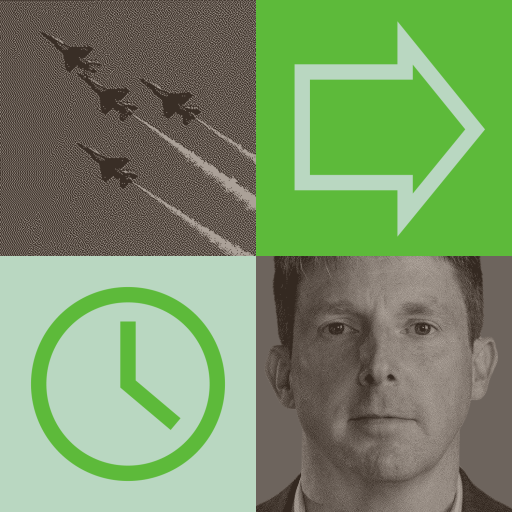 A quadrant image showing three jets in flight, a right arrow symbol, a clock icon, and a man’s face in grayscale.