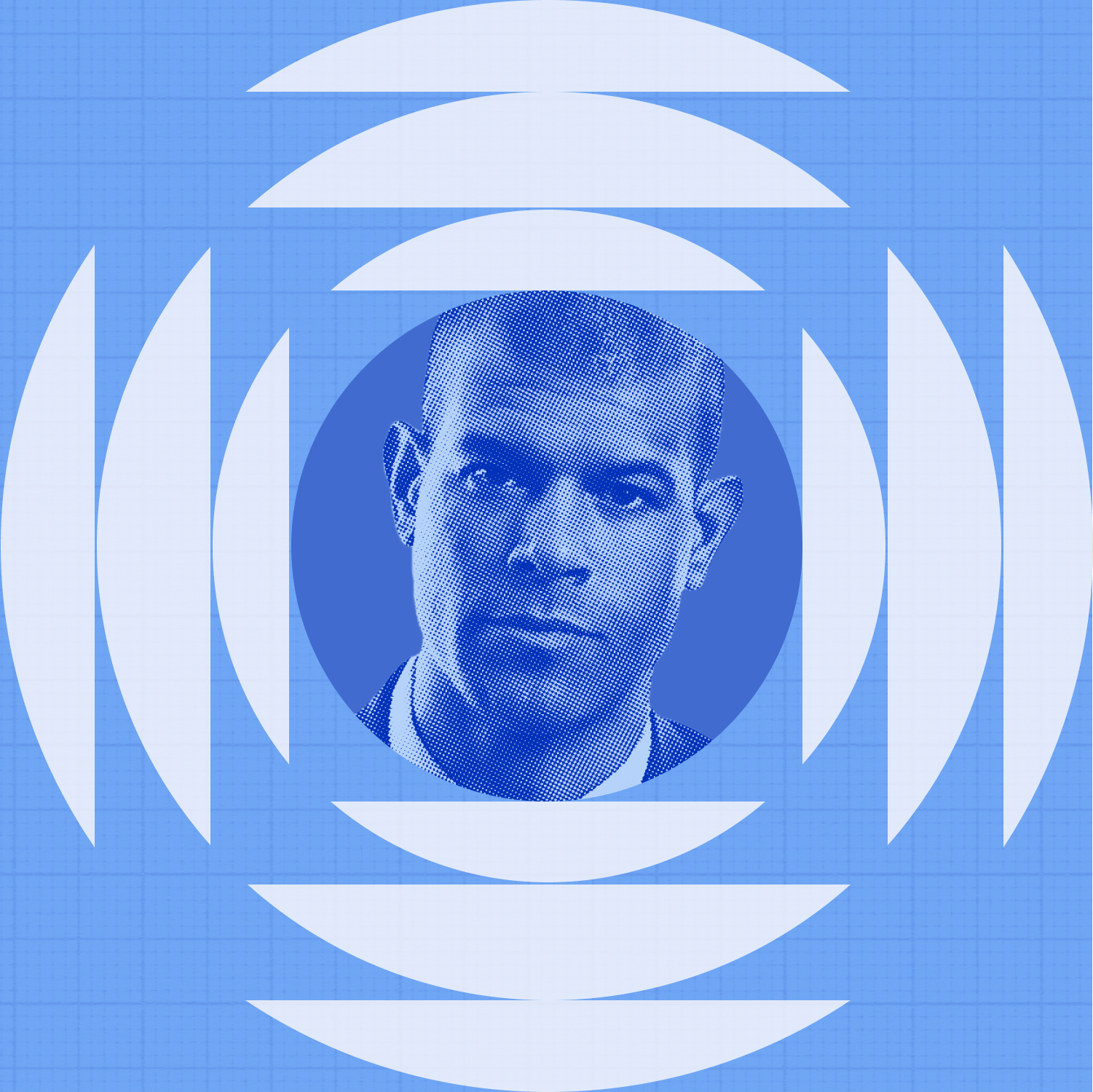 A man's portrait in blue tones is centered within concentric white arcs on a blue grid background.