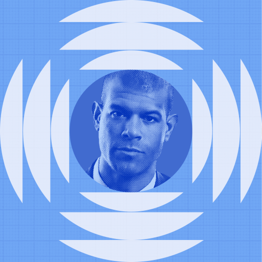 A man's portrait in blue tones is centered within concentric white arcs on a blue grid background.