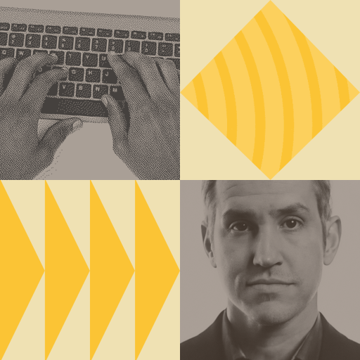 A collage with four sections: hands typing on a keyboard, a yellow diamond shape, three yellow arrows, and a grayscale portrait of a man.
