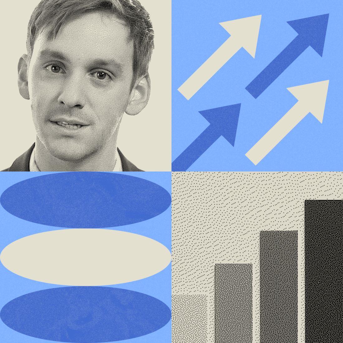 A collage with a man’s portrait, three upward-pointing arrows, three horizontal ovals, and a bar chart with rising columns, all in blue, grey, and beige tones.