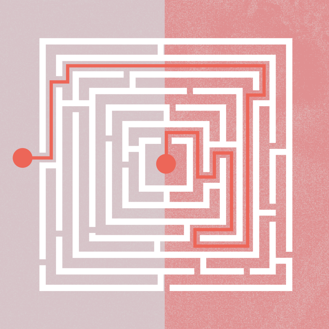 A square maze divided into two colored halves with a path traced from the outer left circle to the center circle.