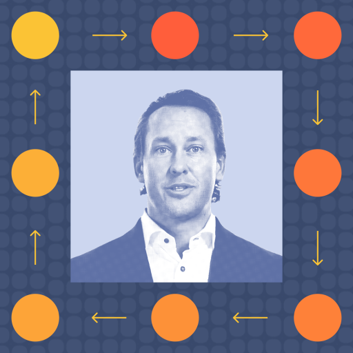 A man in a suit is centered in a blue-tinted square, surrounded by red and orange circles connected by arrows on a dark patterned background.