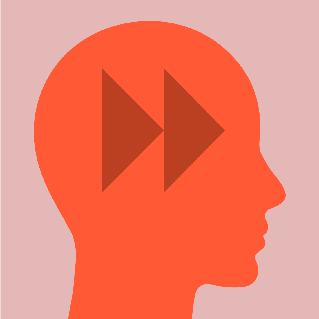 Silhouette of a human head in profile with two fast-forward arrows inside, symbolizing quick thinking or progression of thoughts.