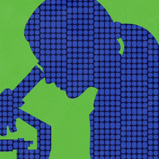 A blue and green dot drawing of a woman looking through a microscope.
