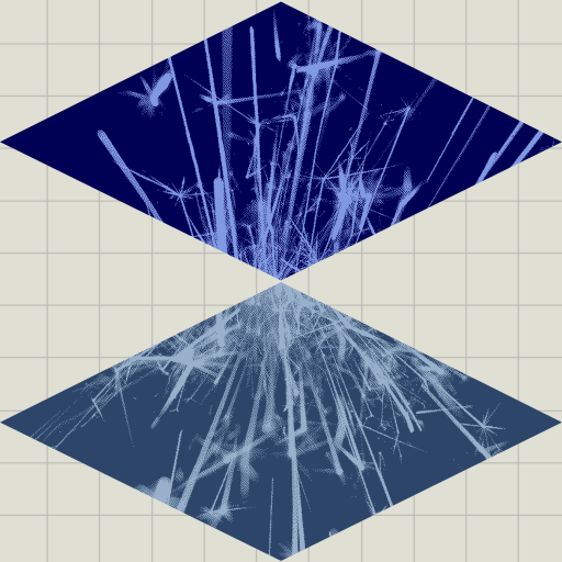 Two diamond-shaped planes with intersecting light blue streaks, positioned above a grid background, reflecting each other vertically.