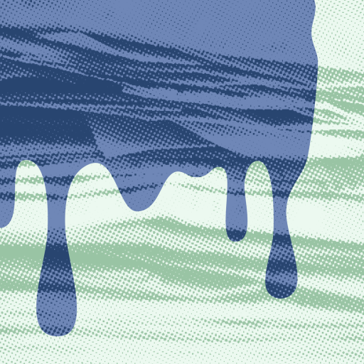 Abstract illustration featuring a large, dark blue paint drip over a light green and white textured, wavy background with a halftone pattern.
