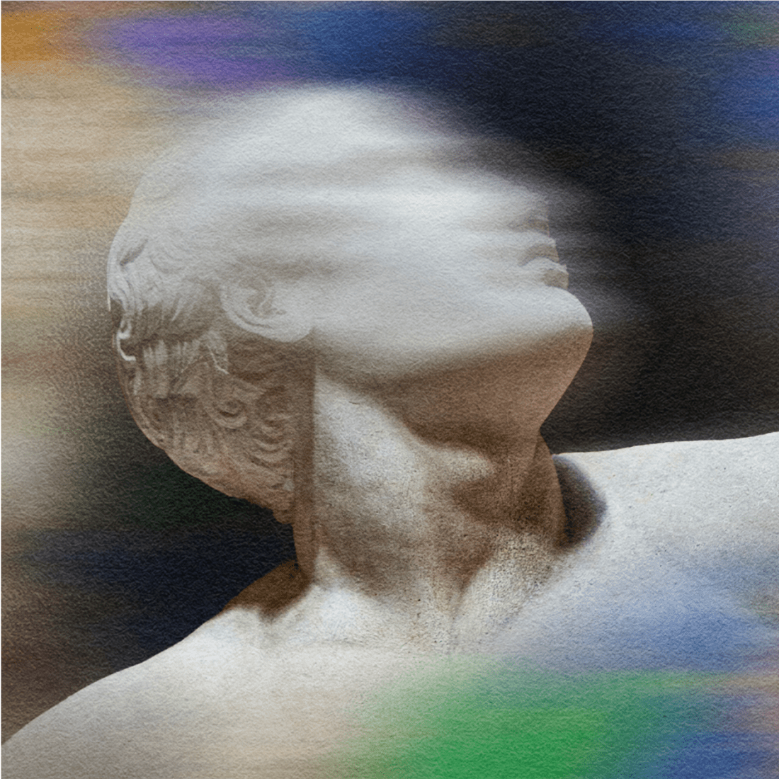 A classical marble statue of a person with the face blurred by streaks of white, blue, and green, creating a motion effect.