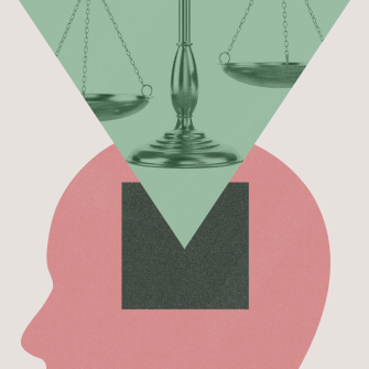 A pink human profile with a square cutout in the head is beneath a green triangle containing scales of justice.