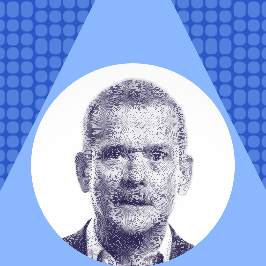 A digitally illustrated portrait of a man with a mustache is centered on a geometric blue patterned background.