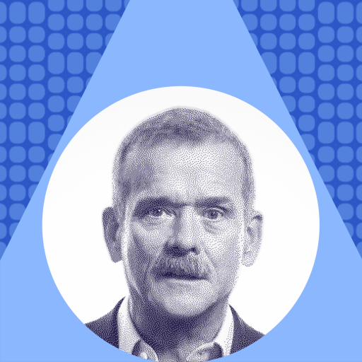 A digitally illustrated portrait of a man with a mustache is centered on a geometric blue patterned background.