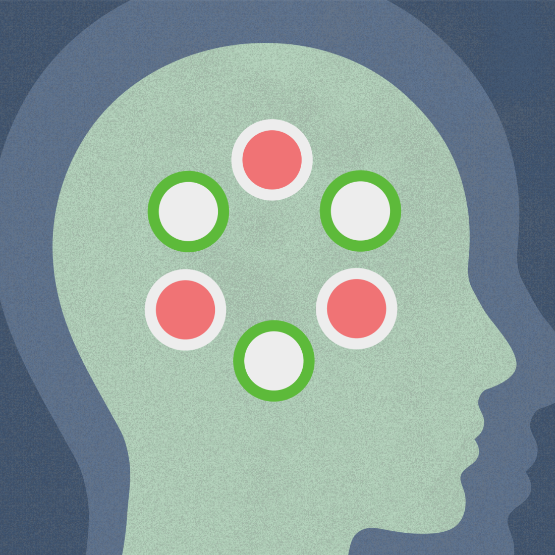 Illustration of a human head in profile with six circles inside, three pink and three white, all outlined in green, representing abstract thinking or cognitive processes.