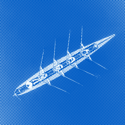 Halftone illustration of a white guitar on a blue background, shown at an angle with star-shaped highlights along the body and neck.