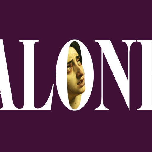 The word "ALONE" in large white letters on a purple background, with a sad person's face visible inside the letter "O.