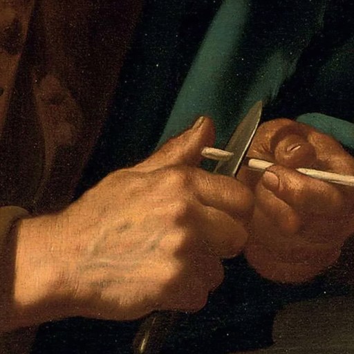 A close-up of two hands carving a feathered arrow shaft with a knife against a dark background.