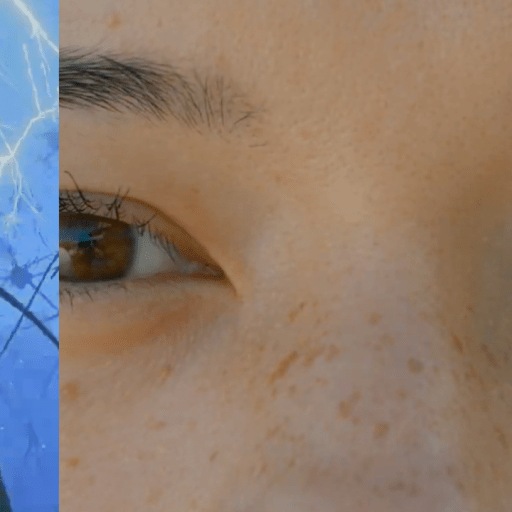 Close-up of a person's face with brown eyes and freckles, next to an abstract blue and white pattern resembling tree branches and lightning.