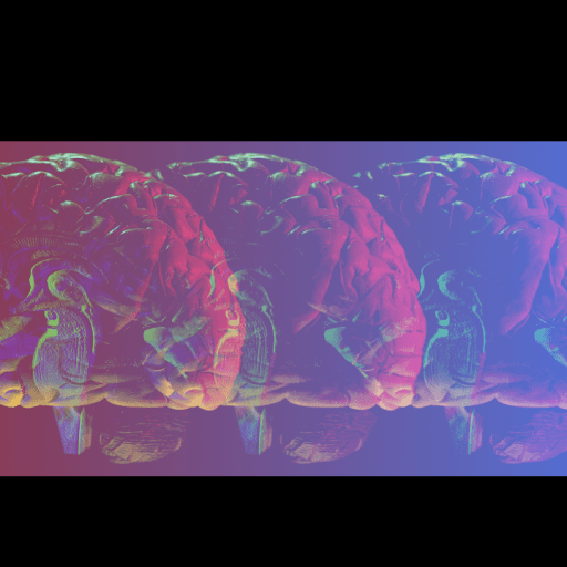 Three semi-transparent human brains, side by side, over a gradient background transitioning from red to blue, with rounded corners.