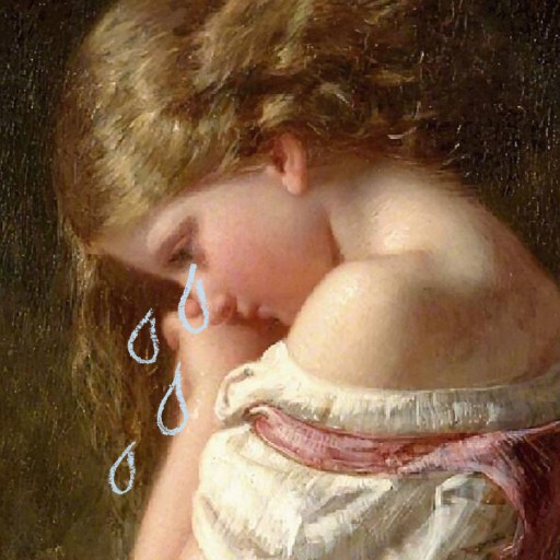 A young girl with light brown hair sits with her knees drawn up, looking down, illustrated blue teardrops on her face—capturing a quiet moment that reflects why humans cry.