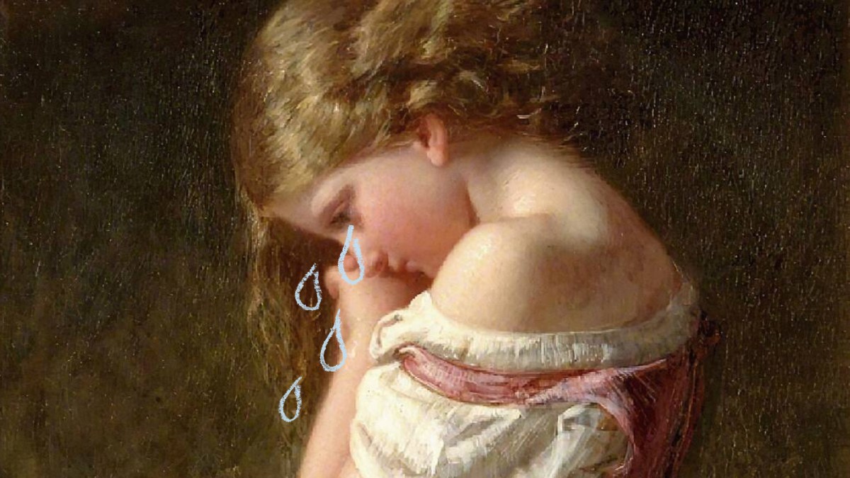 A young girl with light brown hair sits with her knees drawn up, looking down, illustrated blue teardrops on her face—capturing a quiet moment that reflects why humans cry.