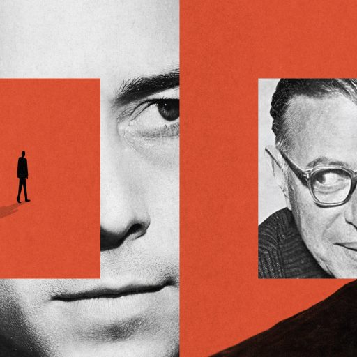 A collage with black-and-white portraits partly obscured by red squares evokes themes of existentialism and absurdism; one shows a man walking, the other a figure pushing a boulder uphill.