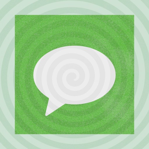 A white speech bubble centered on a green textured square, with a spiral pattern in the background.