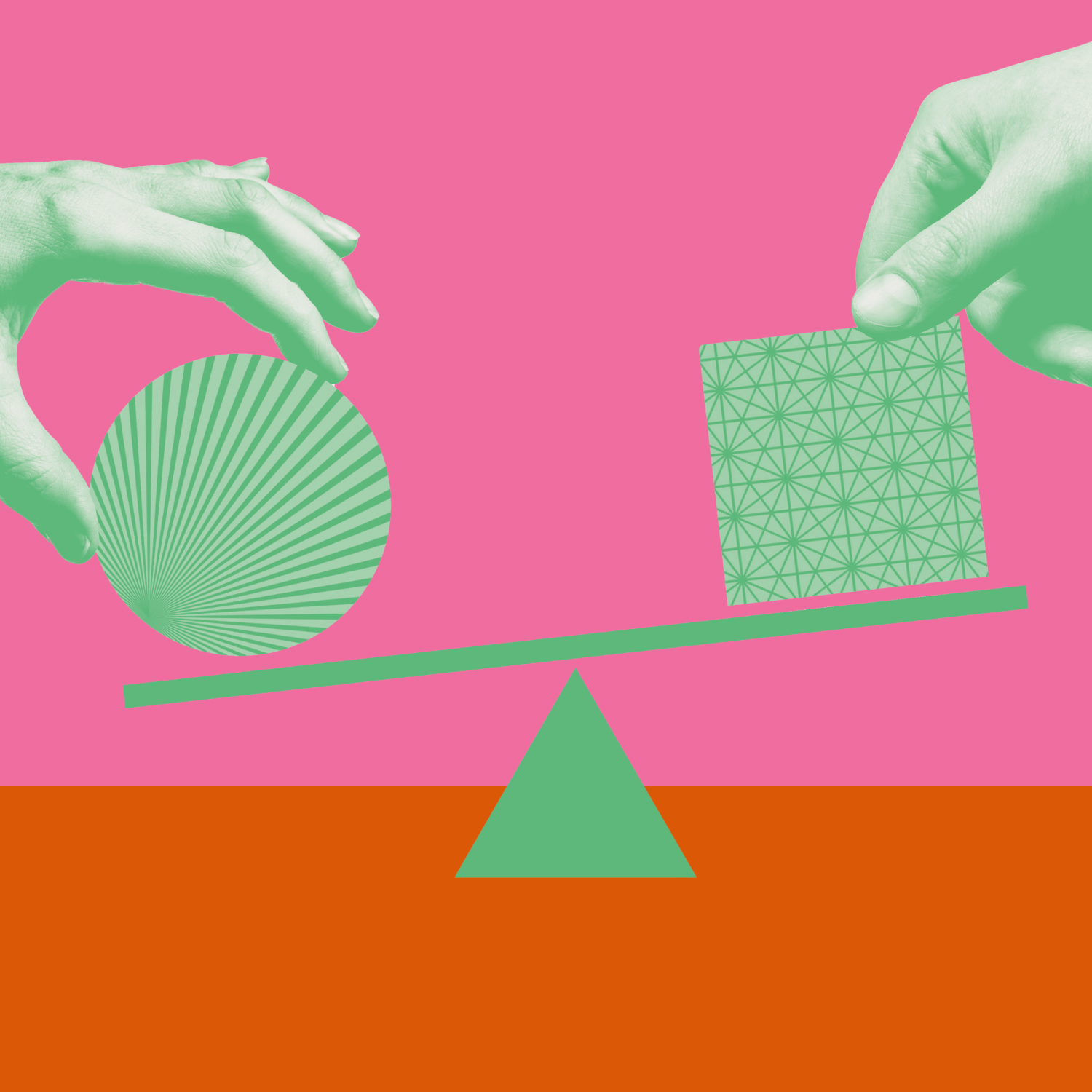 Two hands place a green striped circle and a patterned square on opposite sides of a green seesaw, set against a pink and orange background.