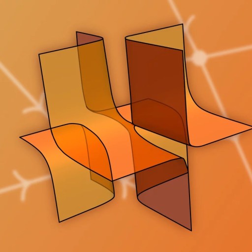 Abstract 3D geometric surface with intersecting translucent orange and brown planes, inspired by the amplituhedron theory of everything, set against a blurred orange background with white network lines.