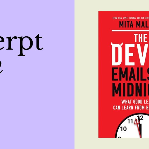 The image features the book cover of "The Devil Emails at Midnight" by Mita Mallick alongside text reading "an excerpt from" on a purple and beige background, hinting at themes like toxic positivity within its pages.