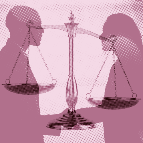 Two silhouetted people face each other with a large, balanced scale of justice positioned between them, symbolizing fairness or equality.