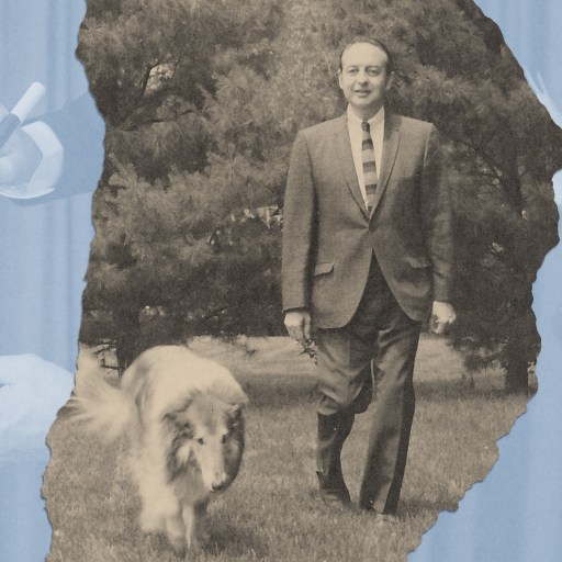 A man in a suit walks on grass beside a long-haired dog, with faded images of a magic wand, a hat, and white doves in the blue-toned background.