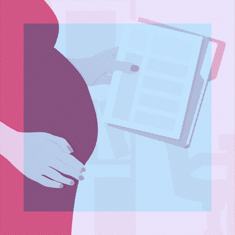 Illustration of a pregnant person in a red dress holding a tablet, with blue and pink color overlays.