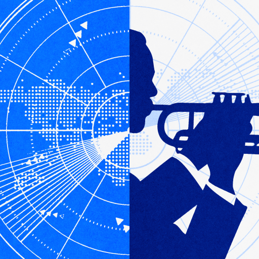 A silhouette of a person playing the trumpet symbolizes jazzy leadership, overlaid on a blue and white world map with radiating lines and data points.