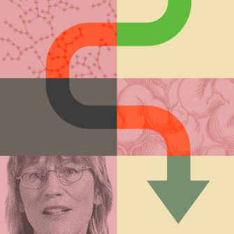 A stylized collage featuring a woman's face, abstract patterns, and a winding arrow in green, red, and black on a divided background.
