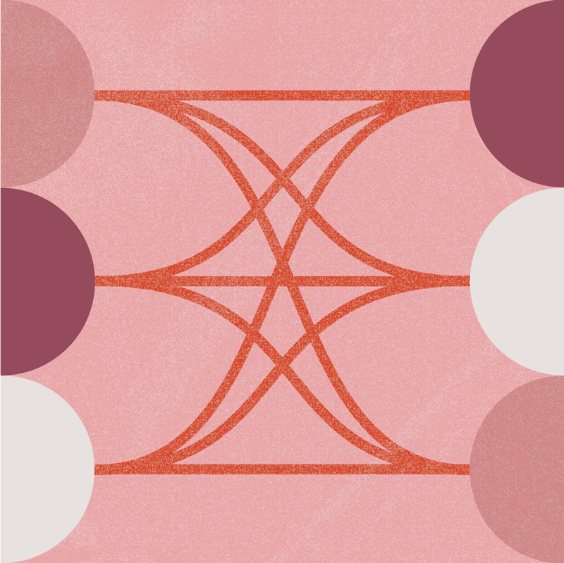 Geometric abstract art with overlapping red curved lines on a pink background, bordered by semi-circles in burgundy and white at the edges.
