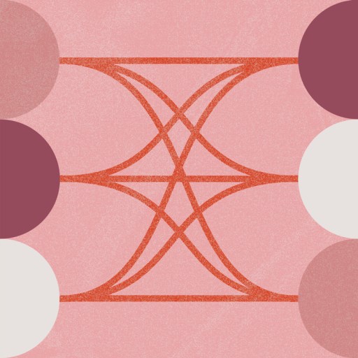 Geometric abstract art with overlapping red curved lines on a pink background, bordered by semi-circles in burgundy and white at the edges.