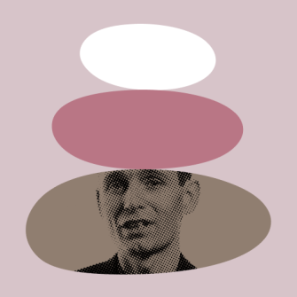 A stylized image shows three overlapping ovals in white, pink, and brown, with a halftone portrait of a person partially visible in the bottom oval, on a light mauve background.