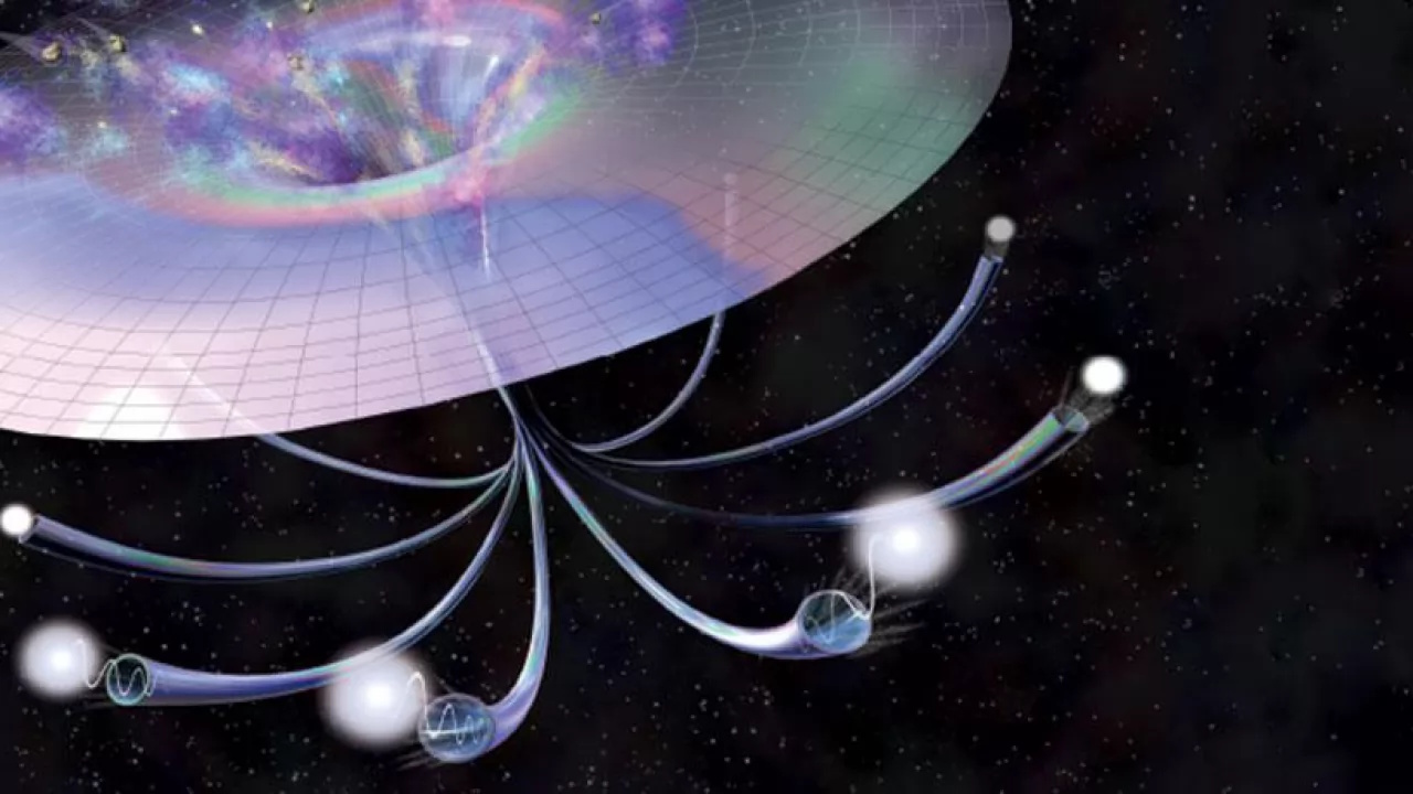 Artistic illustration depicting one of the biggest mysteries of the origin of the universe, showing entangled particles connected by curved paths in space, inspired by concepts from quantum physics and wormholes.