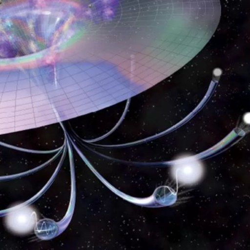 Artistic illustration depicting one of the biggest mysteries of the origin of the universe, showing entangled particles connected by curved paths in space, inspired by concepts from quantum physics and wormholes.
