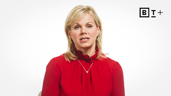 A woman with blonde hair wearing a red top and necklace sits in front of a plain white background with a "BT+" logo in the top right corner.