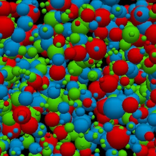 A dense cluster of differently sized red, blue, and green spheres overlaps against a black background, evoking the biggest mysteries surrounding the origin of the universe.