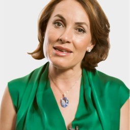 A woman with light brown hair in a green dress speaks while gesturing, wearing a pendant necklace and a lapel microphone.
