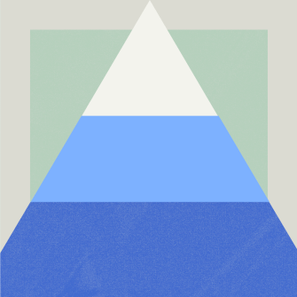 A white triangle overlaid on a pale green square with blue and light blue horizontal sections filling the triangle's lower half, set against a light gray background.