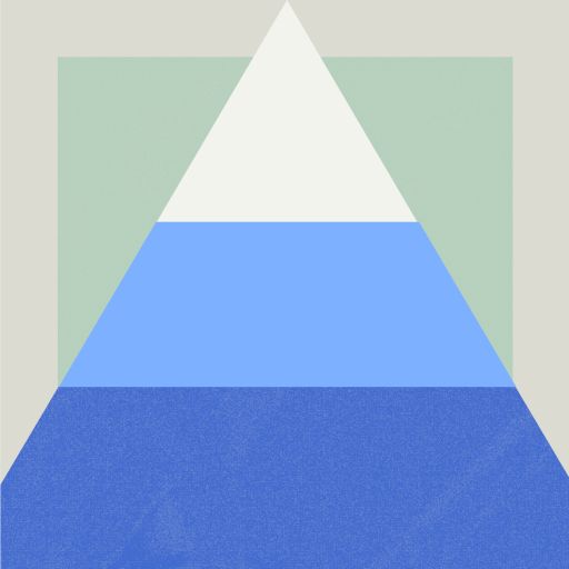 A white triangle overlaid on a pale green square with blue and light blue horizontal sections filling the triangle's lower half, set against a light gray background.