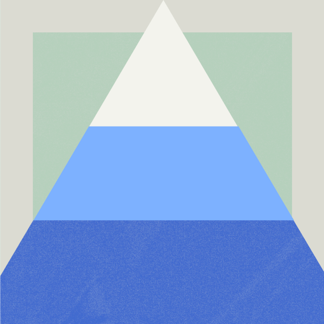 A white triangle overlaid on a pale green square with blue and light blue horizontal sections filling the triangle's lower half, set against a light gray background.