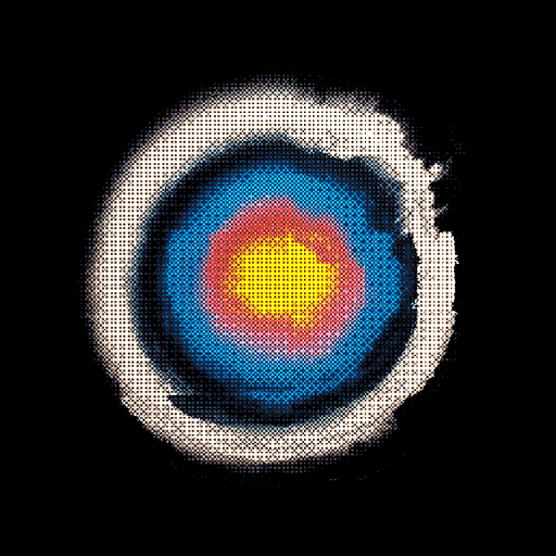 A stylized, circular target with a bright yellow center, surrounded by red, blue, and white concentric rings on a black background.