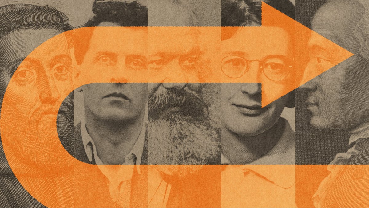 An orange arrow looping to the right is overlaid on a collage of black-and-white portraits of philosophers.