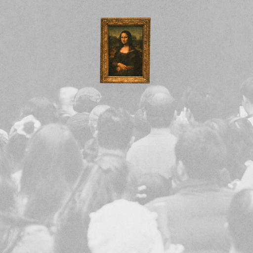 A crowd of people, drawn by tourism, faces and photographs the Mona Lisa painting, which is displayed on a wall.