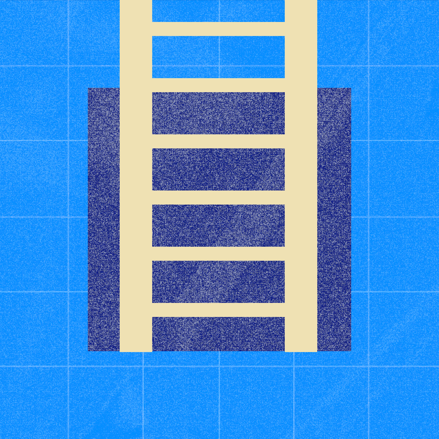 Overhead view of a swimming pool ladder descending into a blue-tiled pool.