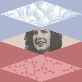 A geometric collage features a woman’s black-and-white portrait between abstract patterns in blue and red diamond shapes.